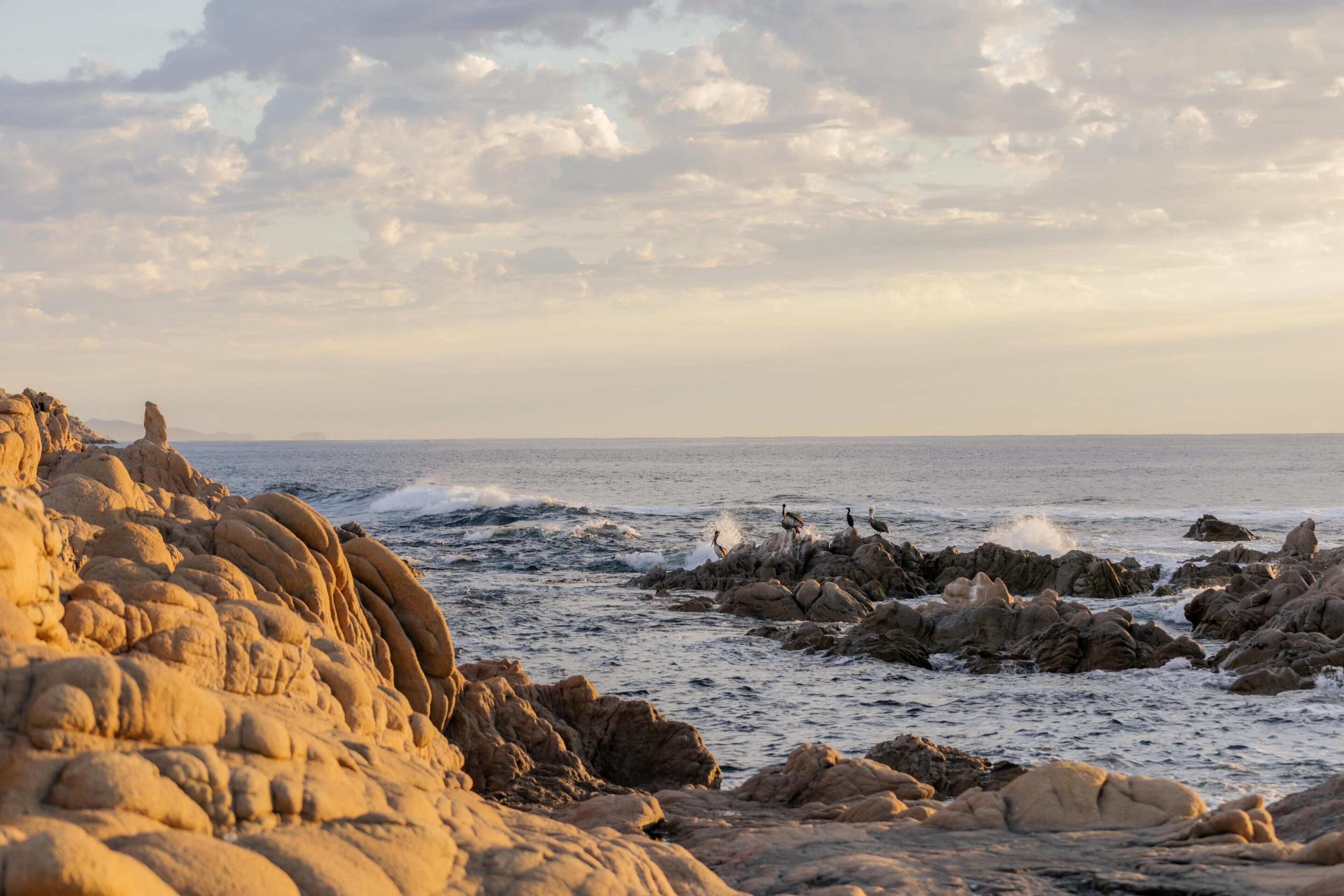 Une côte rocheuse où les vagues s’écrasent contre les rochers, sous un ciel dégagé.