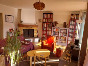 Televisie, een open haard, boeken en een stereo