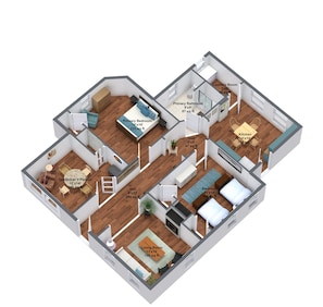 A 3D floor plan of a multi-room apartment with a primary bedroom, living room, kitchen, bathroom, and hallways.
