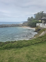 Private beach, white sand, sun loungers, beach towels