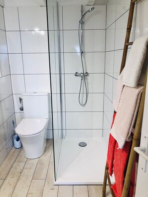 Dusche, Haartrockner, Handtücher, Seife