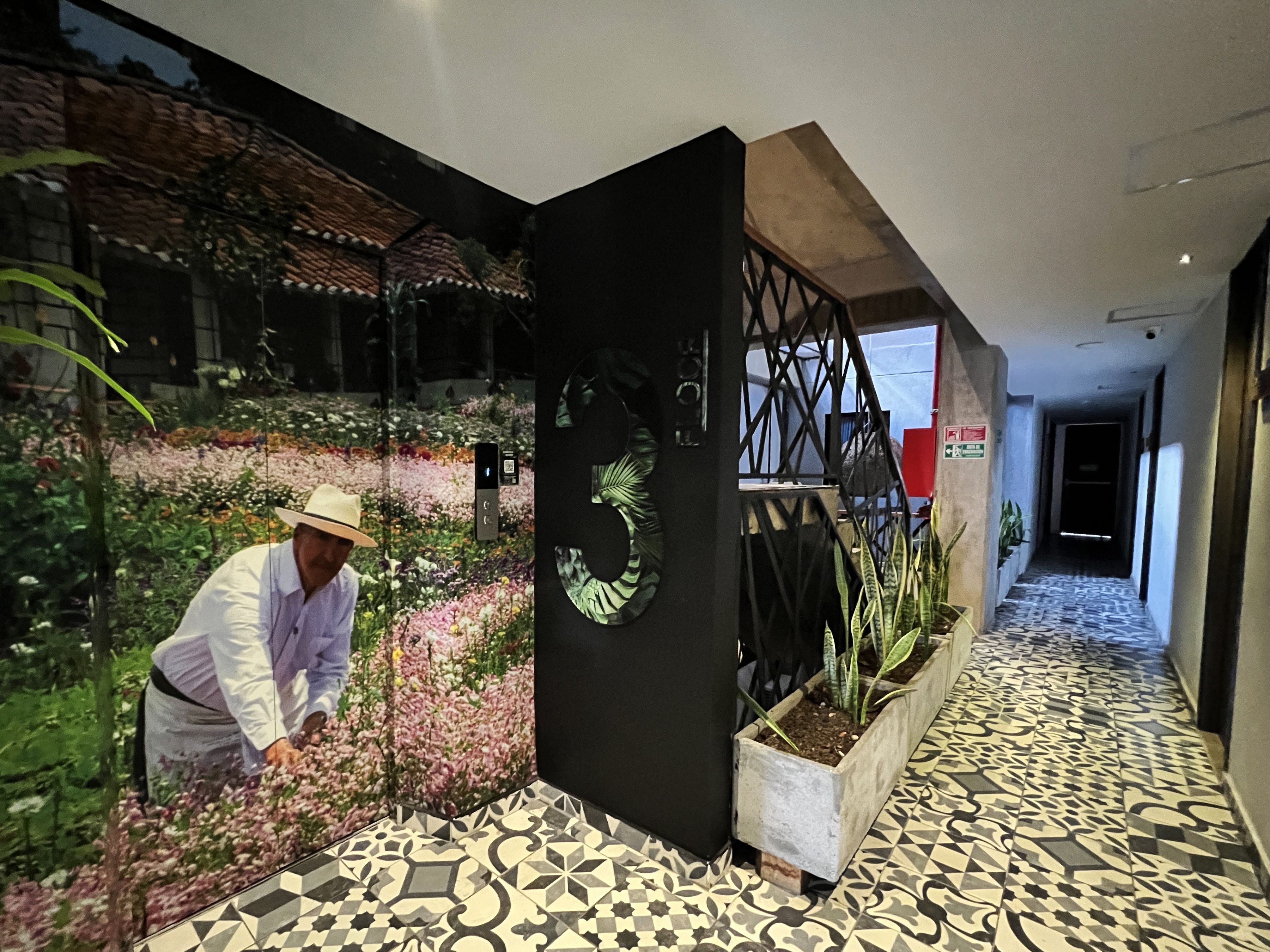 A hallway with a patterned floor, a wall with a floral mural, a staircase, and a planter with plants.