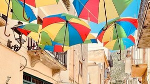 A narrow street with colorful umbrellas hanging overhead, a green door, and a bench. - macchiamediterrane (Castellammare del Golfo)