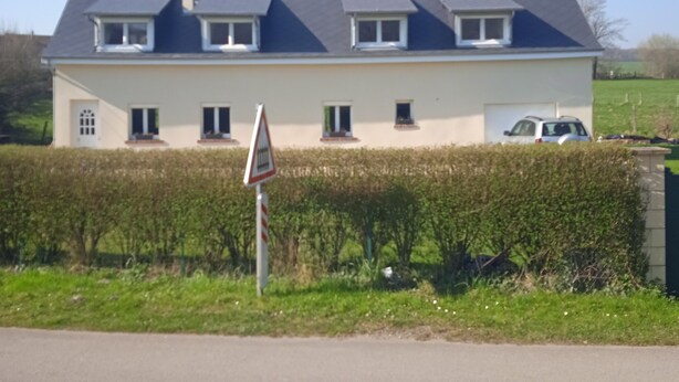 Ein zweistöckiges Haus mit dunklem Dach, mehreren Fenstern und einer Auffahrt.