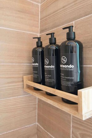 Shower, hair dryer, shampoo