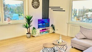 A modern living room with a flat-screen TV, a potted plant, a sofa, and a radiator. - Diamond Apartments: Dreiländereck Nahe Flughafen (Rheinfelden (Baden))