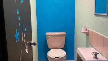 Hair dryer, towels, soap, toilet paper