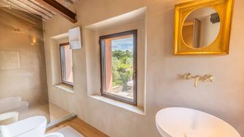 Shower, hair dryer, bidet, towels