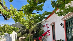 Una estrecha calle adoquinada con un edificio blanco, una puerta verde y marcos de ventana rojos.