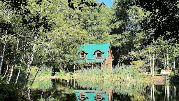 A cabin with a green roof surrounded by dense forest and a calm lake. - Lower Twin Cabin - 34 beautiful private acres of forest, meadows and riverfront. (Twin)