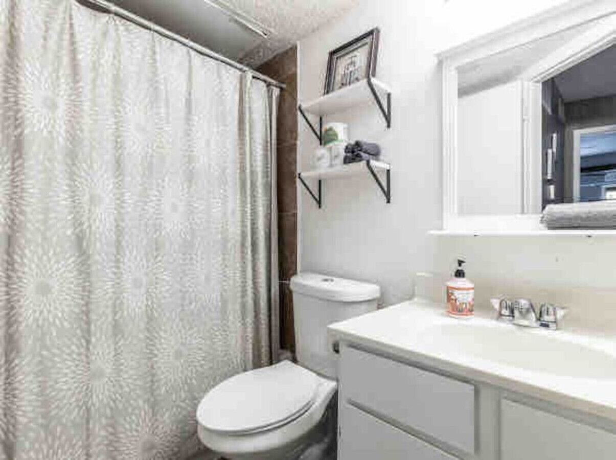 A bathroom with a toilet, a sink, and a shower curtain.