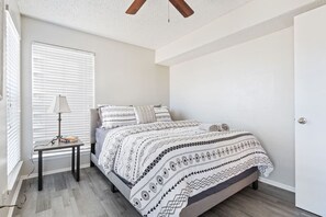 1 bedroom, desk, iron/ironing board, travel cot