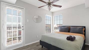 1 bedroom, desk, iron/ironing board, travel crib