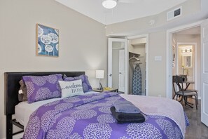 1 bedroom, desk, iron/ironing board, travel crib