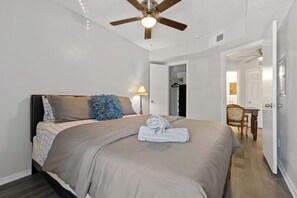 1 bedroom, desk, iron/ironing board, travel cot