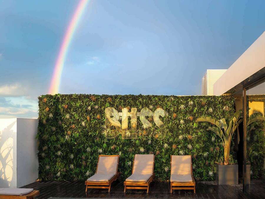 A rooftop pool area with three lounge chairs, a wall with greenery, and a rainbow in the sky.