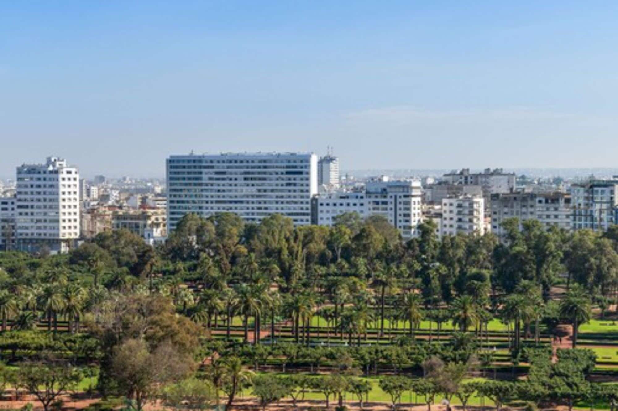 A cityscape with modern high-rise buildings and a park with trees.