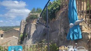 Un patio con una mesa y sillas azules, una planta en maceta y mobiliario exterior.