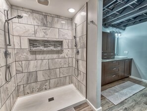 Hair dryer, towels, soap, toilet paper