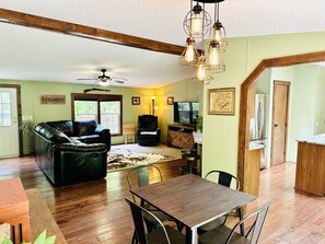 Smart TV, fireplace, DVD player, books