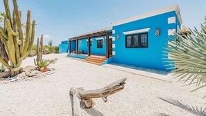 A modern house with a bright blue exterior, a covered patio, and a gravel driveway. - Villa Rancho Azul Mins to Palm Beach & Eagle Beach (Noord)