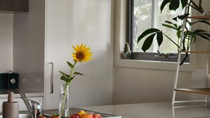 A modern kitchen with a white countertop, a vase with a sunflower, and a plate of apples and tomatoes. - Private Two Bedroom unit located on 63 acres Stunning views. 
Beautiful Sunroom. (Mountain River)
