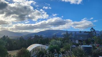 A greenhouse in a garden with a house in the background and mountains in the distance.