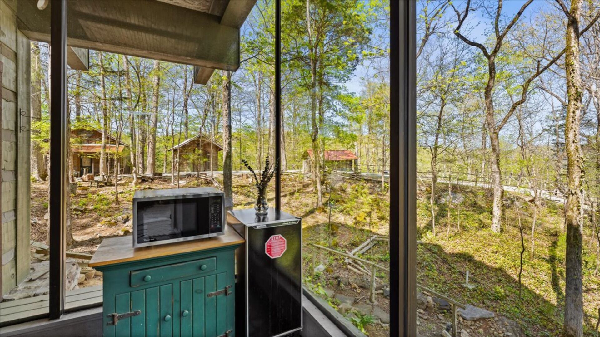 A room with a large window overlooking a forested area, a green cabinet, and a microwave on top.