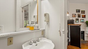 Shower, hair dryer - Snug Hug Room - Cozy Lodge Stay with Fireplace (Townsend)