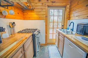 Cocina compacta con paredes de madera, estufa a gas, lavaplatos y lavamanos.