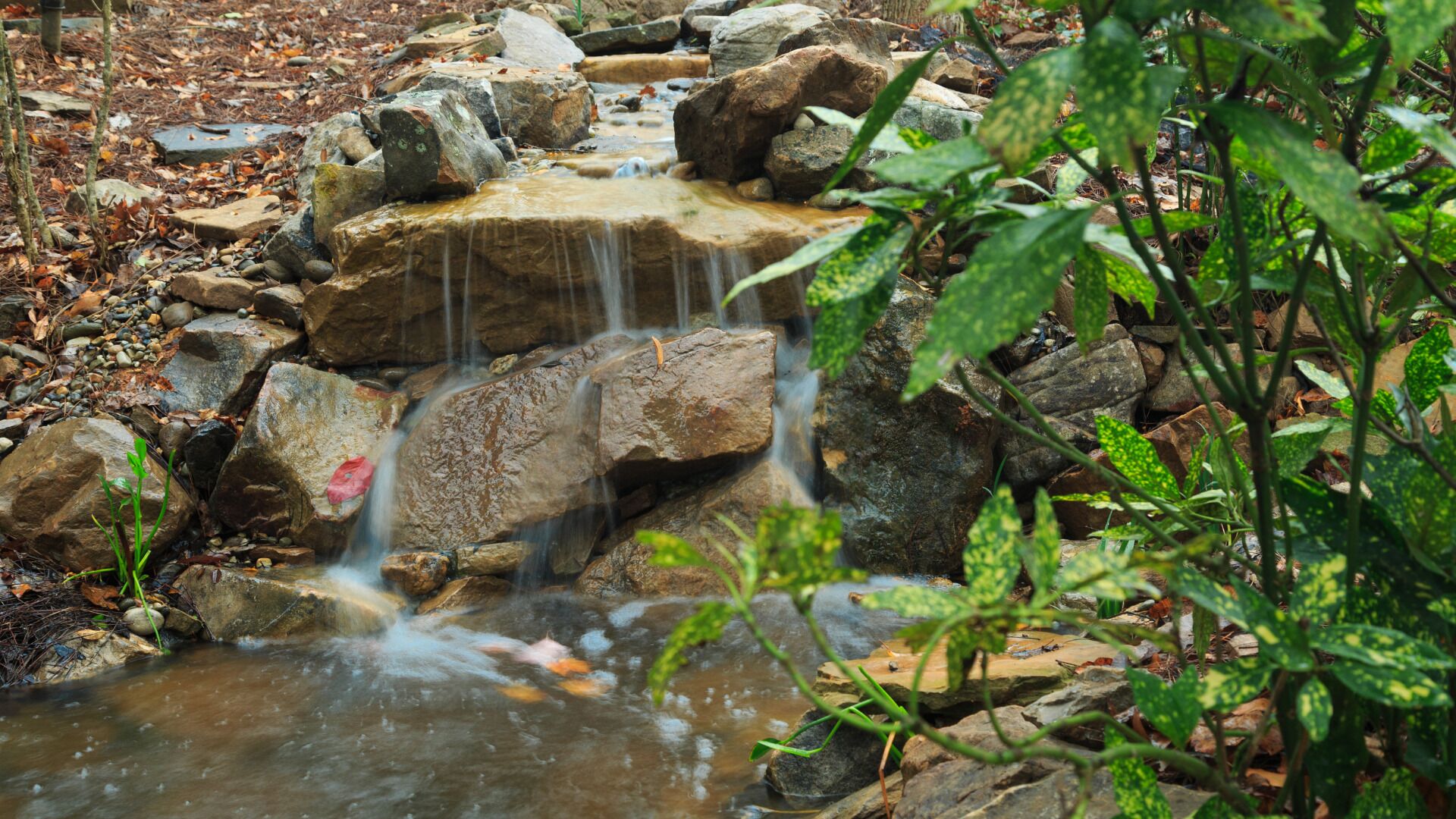 Une petite cascade dans un environnement naturel, avec des rochers et de la végétation.
