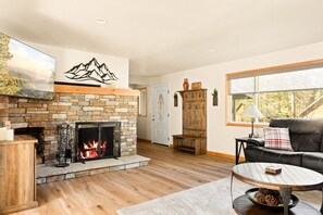 TV, fireplace, foosball, books