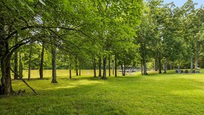 A park with a grassy area, trees, and a dock with chairs. - Urban Rustic Lakeside Retreat with Dock, Sleeps 20 (Gallatin)