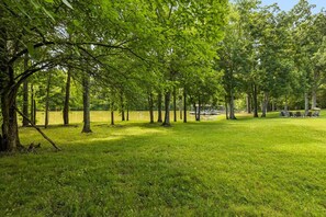 A park with a grassy area, trees, and a dock with chairs. - Urban Rustic Lakeside Retreat with Dock, Sleeps 20 (Gallatin)