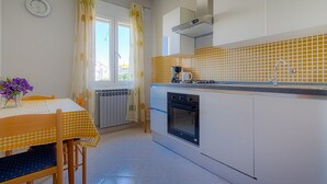 A compact kitchen with a stove, oven, and a window with curtains. - Studio apartment with garden view balcony (Zadar)