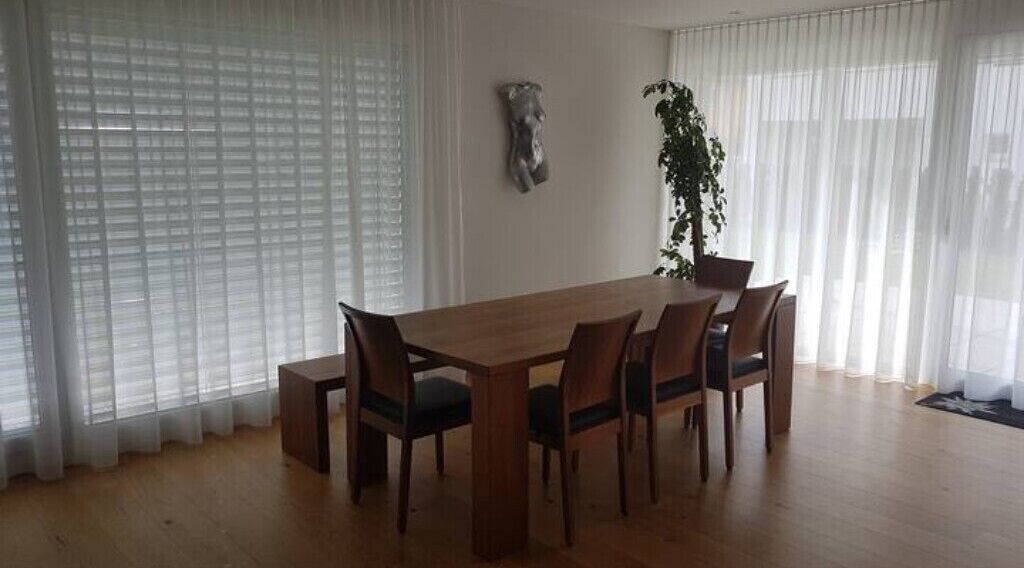 Ein Essbereich mit Holztisch und Stühlen, großen Fenstern mit durchsichtigen Vorhängen und einem Blumentopf.