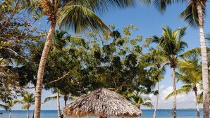 Une plage avec deux chaises en bois sous un parasol en chaume, entourée de palmiers et surplombée d’un ciel bleu clair.