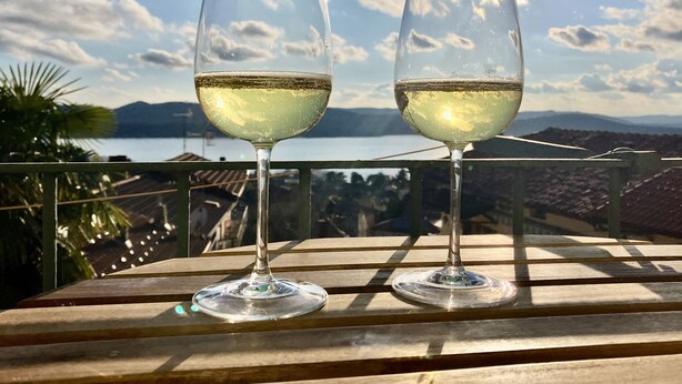 Deux verres de vin blanc sur une table en bois, avec une vue panoramique sur un lac et des montagnes en arrière-plan.