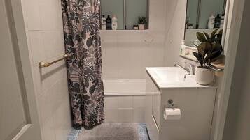 Hair dryer, towels, shampoo, toilet paper