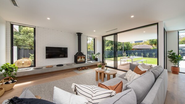 Smart TV, fireplace, ping pong, books