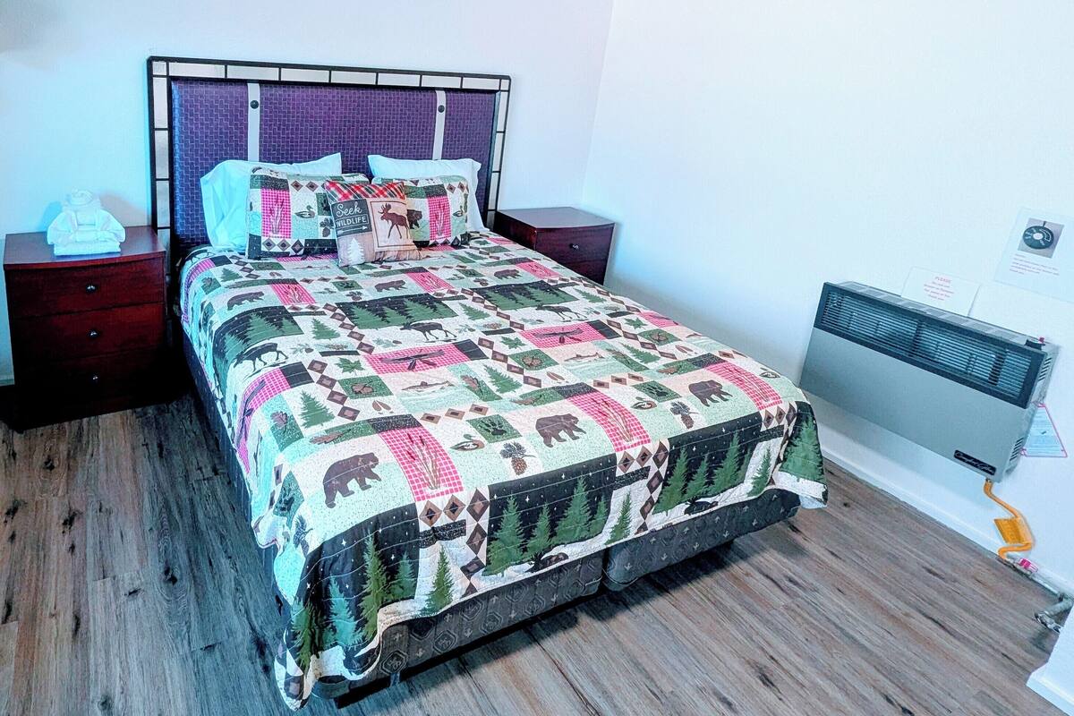Un lit avec une courtepointe ornée de motifs représentant des animaux sauvages, une tête de lit à motifs géométriques et un climatiseur fixé au mur.