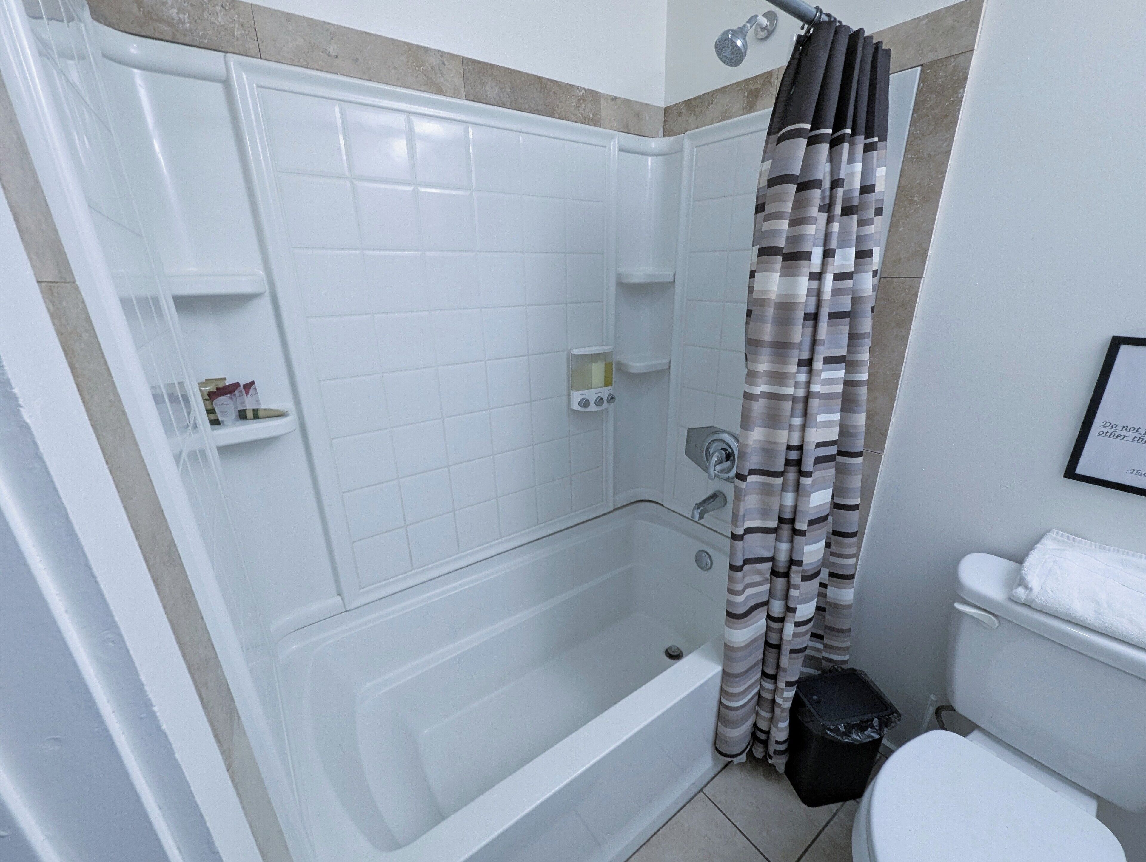A bathroom with a bathtub, toilet, and shower curtain.