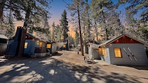 A row of cabins with a gravel driveway, surrounded by tall pine trees.