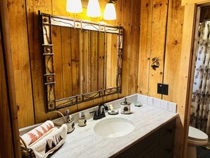 Ein Badezimmer mit Holzwand, einem großen Spiegel, einem Waschbecken und einer Toilette.