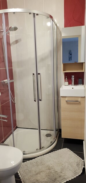 Douche, sĂšche-cheveux, serviettes fournies, savon