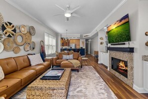 Smart TV, fireplace, books