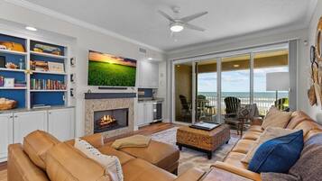 Smart TV, fireplace, books