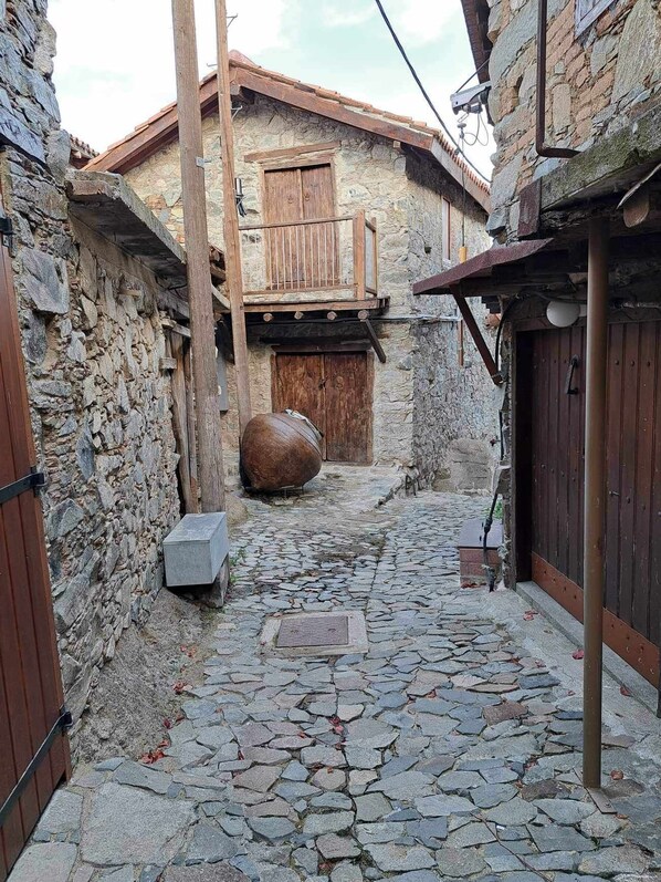 Une ruelle étroite pavée de pierres, avec des murs en pierre rustique et des portes en bois.