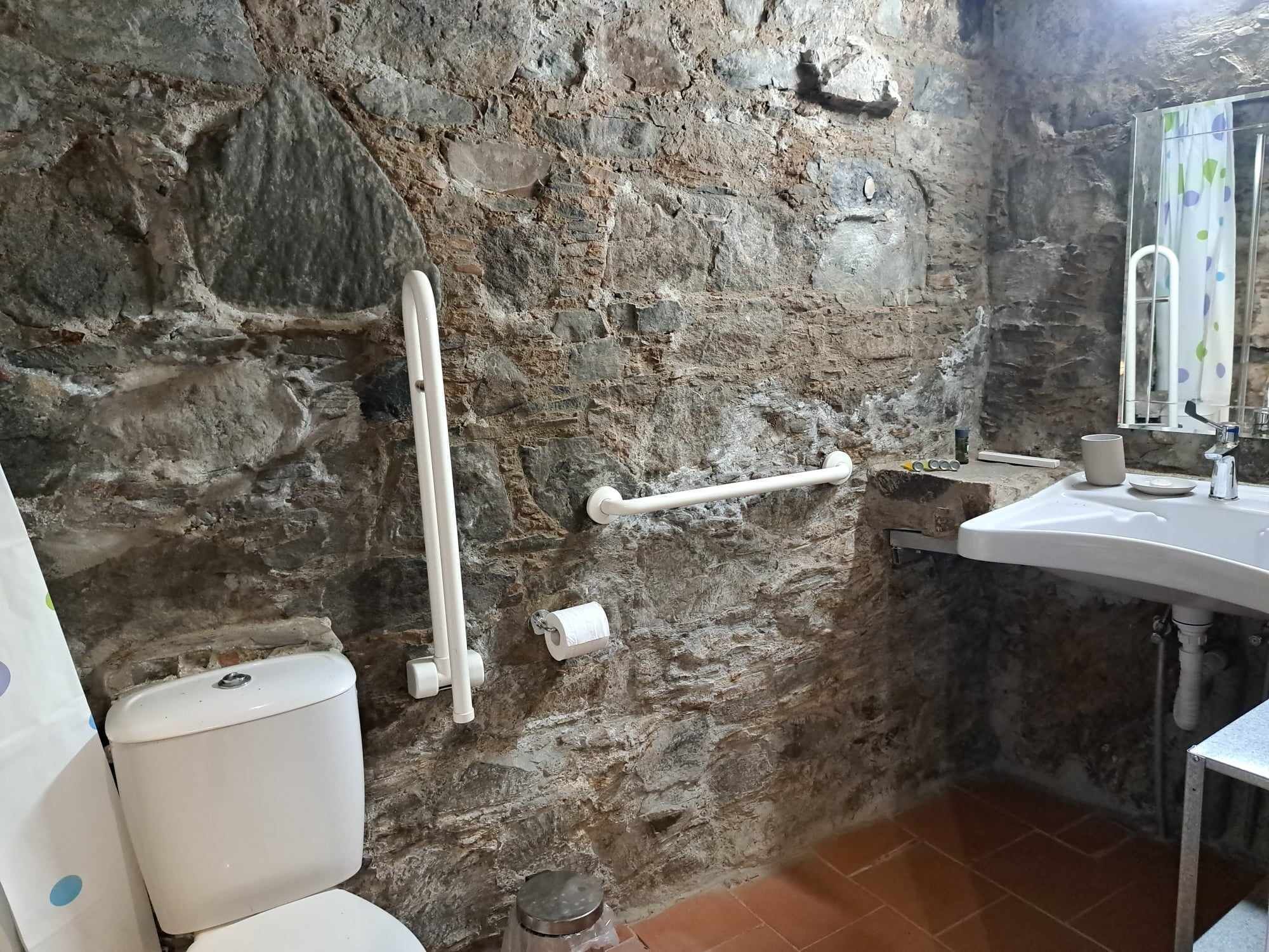 A bathroom with a stone wall, a white toilet, a sink, and a mirror.