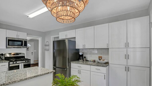 A modern kitchen with white cabinetry, stainless steel appliances, and a central island with a potted plant. - The Duke | 3BR 1 BA | Pet Friendly! (Columbia)